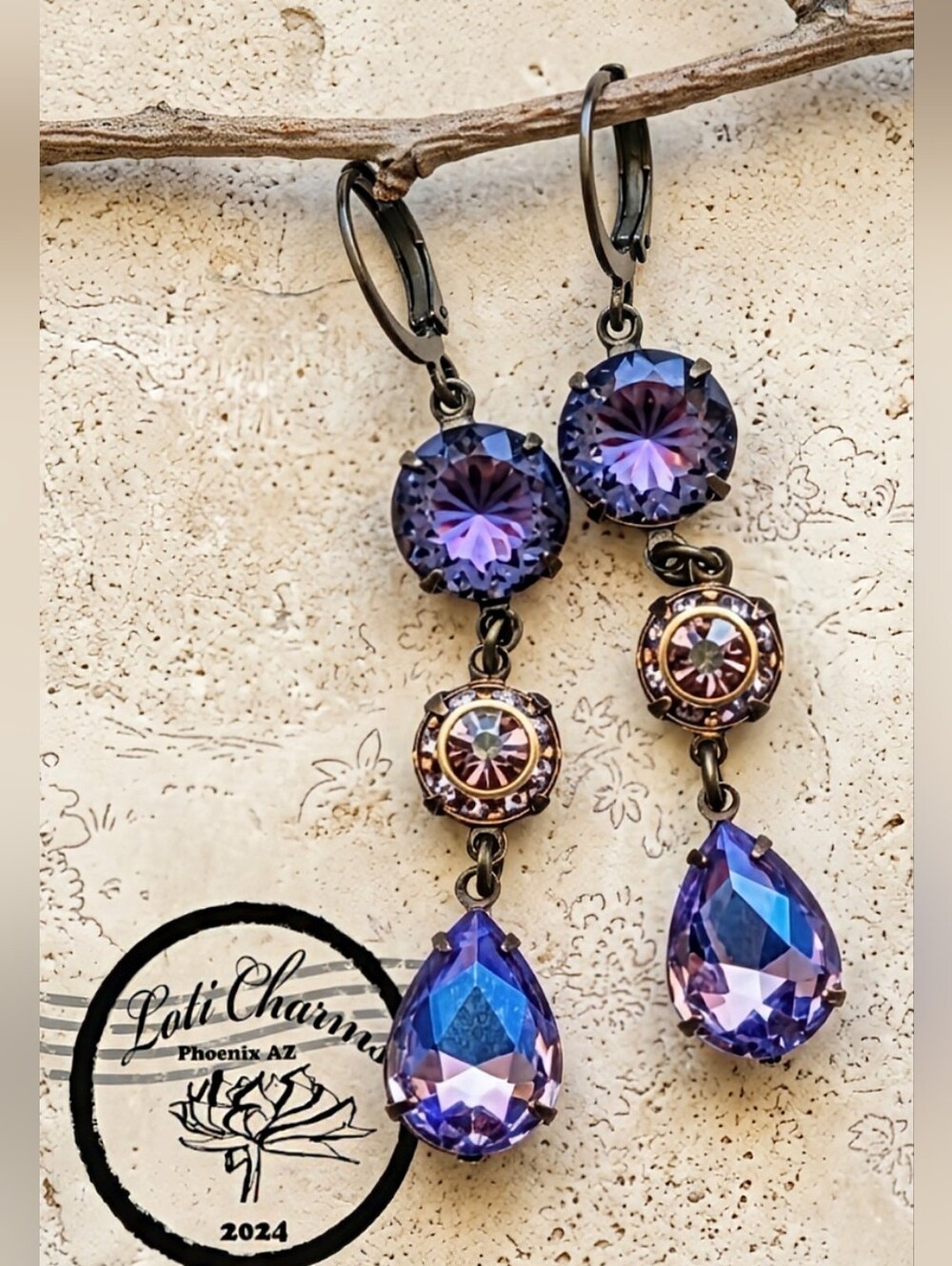 Victorian Purple Sparkles W/ Metallic AB, Mosaic, Flower Crystals Brass Earrings